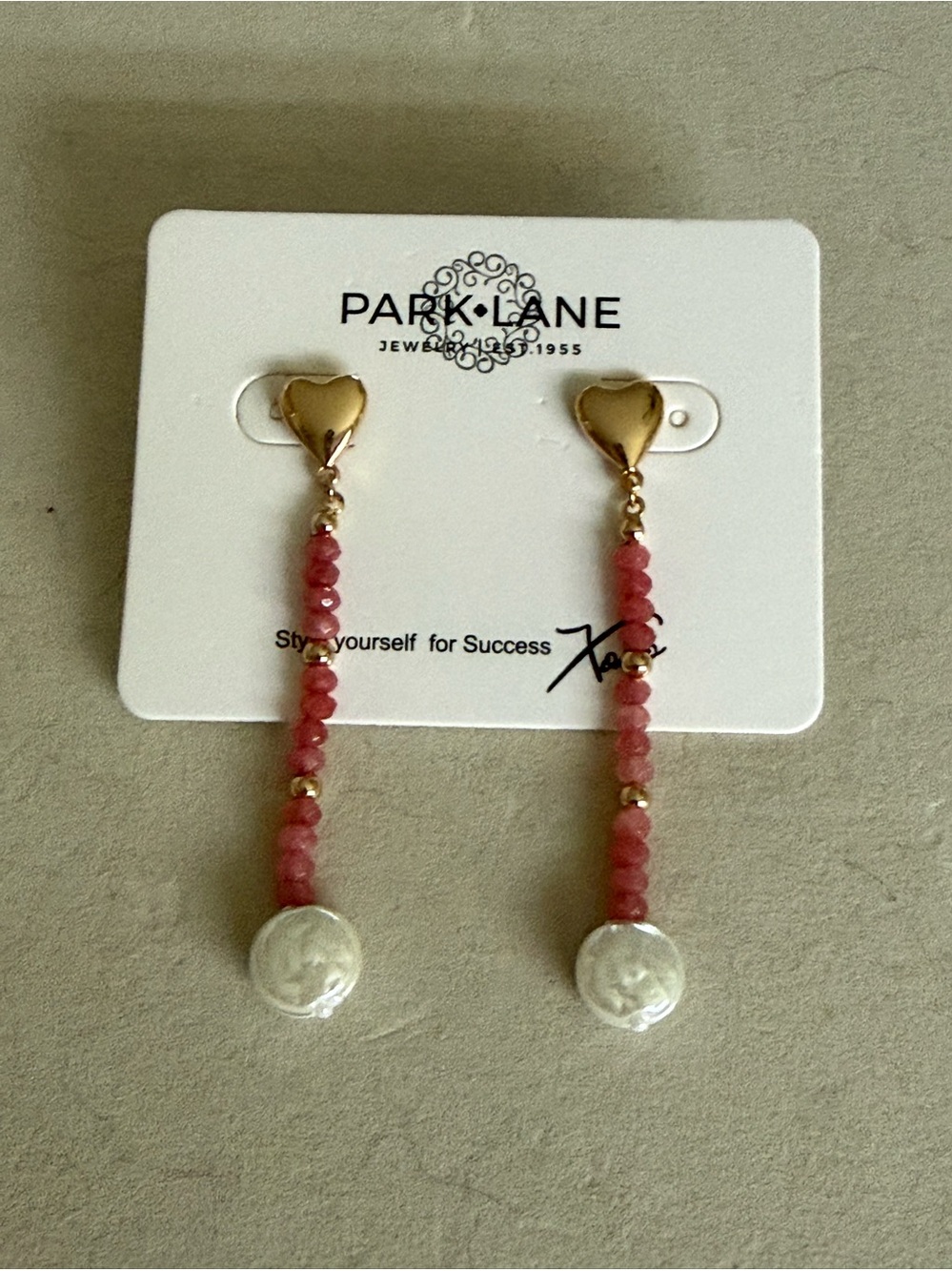 Park Lane Gold Heart Drop Earrings with Pink Beads and Silver Coin